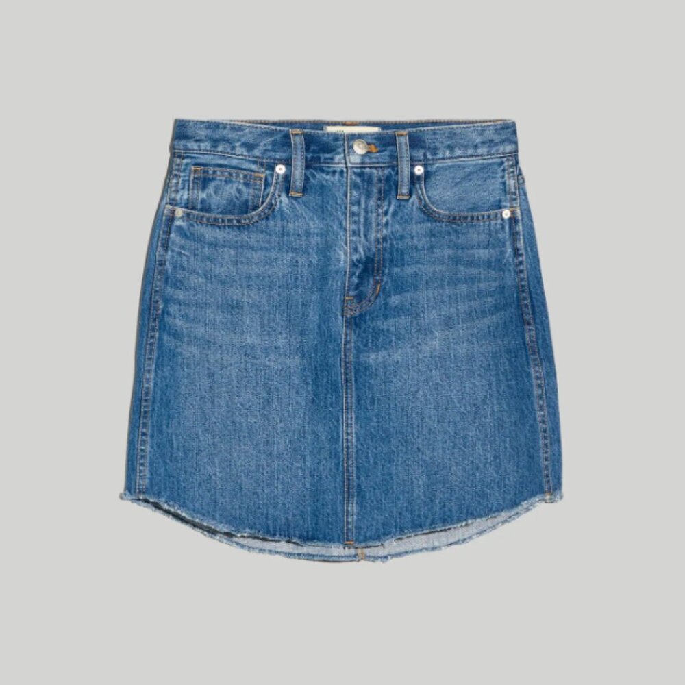 NWT Madewell Denim Dolphin-Hem Rigid Denim A-Line Blue Jean Mini Skirt 28 $79.50 - Picture 5 of 12